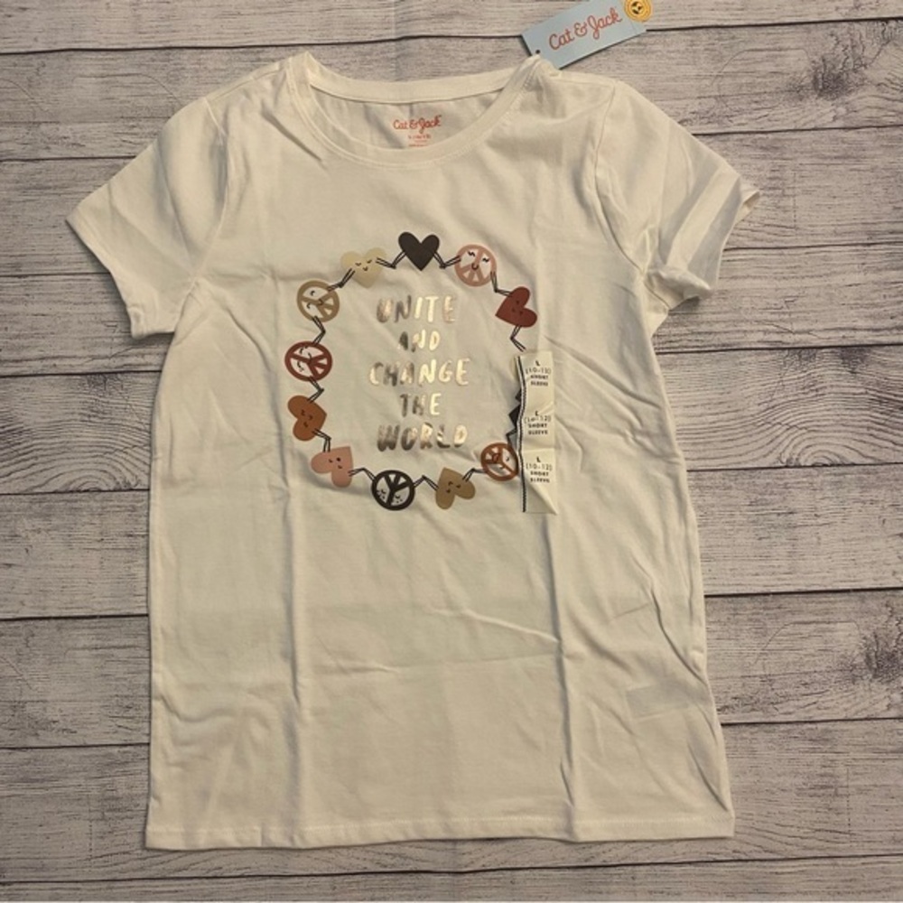 Cat & Jack New Unite World White Short Sleeve Saying Size Large 10-12